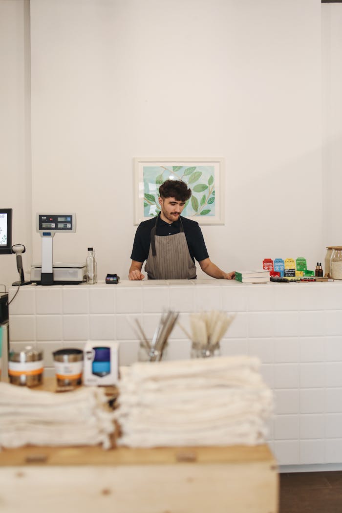 Eco-conscious retail environment showcasing a cashier at the counter.